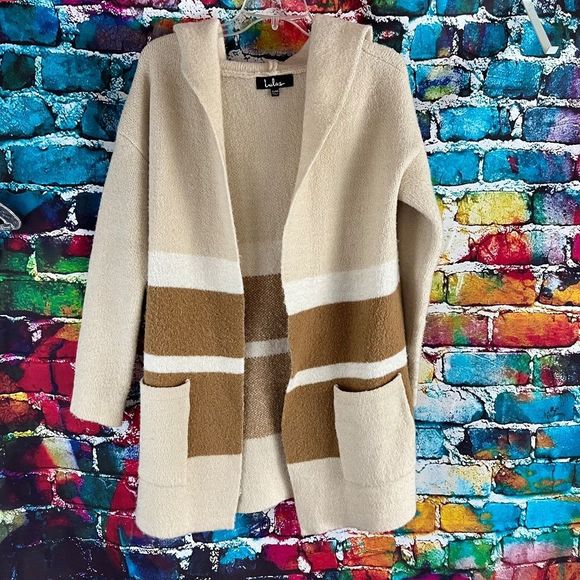 Lulus Carlsbad Tan and Beige Hooded Cardigan Sweater S/M - Picture 3 of 9